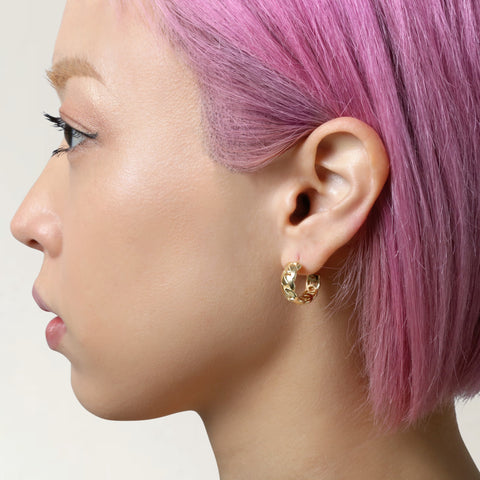 Our small chunky curb c hoops earrings when worn