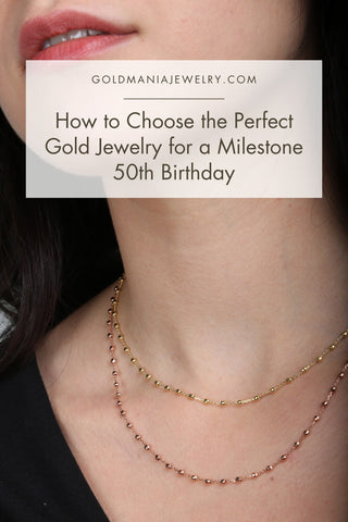 Lovely 14k gold necklace worn on a woman's neck - great pick for a 50th milestone birthday gift