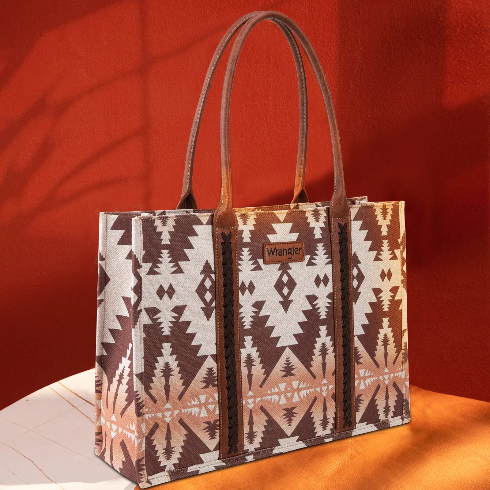 Wrangler Southwestern Pattern Dual Sided Print Canvas Wide Tote Light Coffee -FREE SHIPPING
