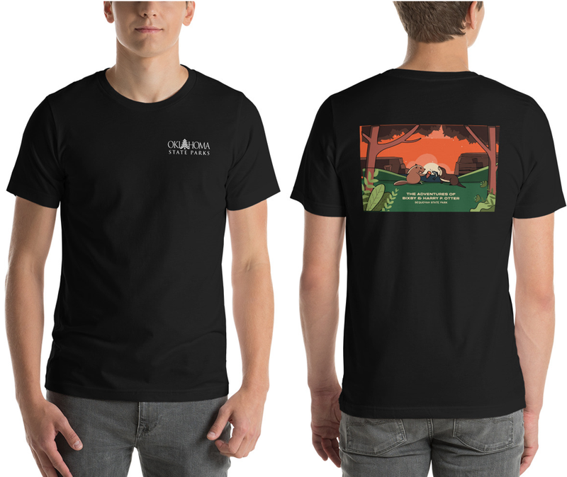 Bixby Beaver & Harry Otter Adult Unisex T-Shirt in Black. The front of this shirt features a left chest print of the Oklahoma State Parks logo, while the back of the shirt features an animated cartoon graphic of Bixby Y. Beaver and Harry P. Otter sharing a snack at sunset.