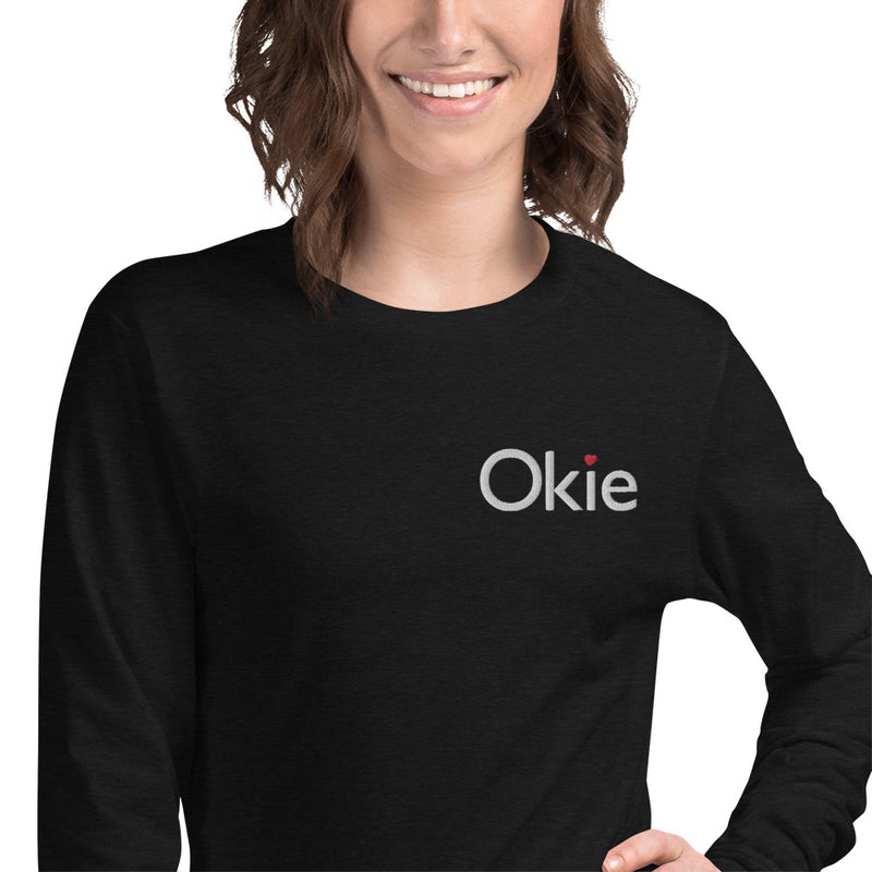 Okie Heart Embroidered Adult Long Sleeve T-Shirt in Black Heather