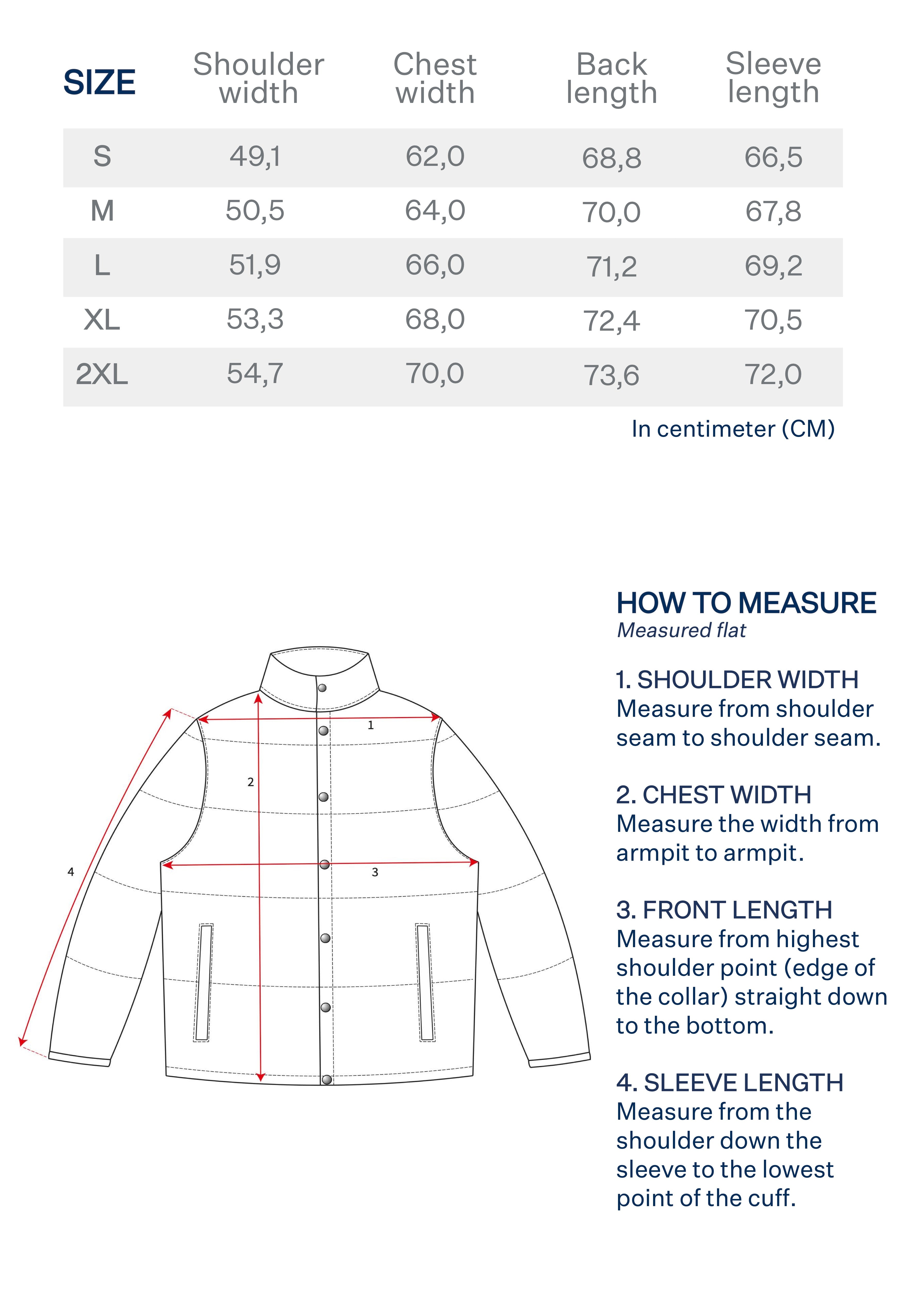 Tenue. x Holubar Mustang Jacket size table