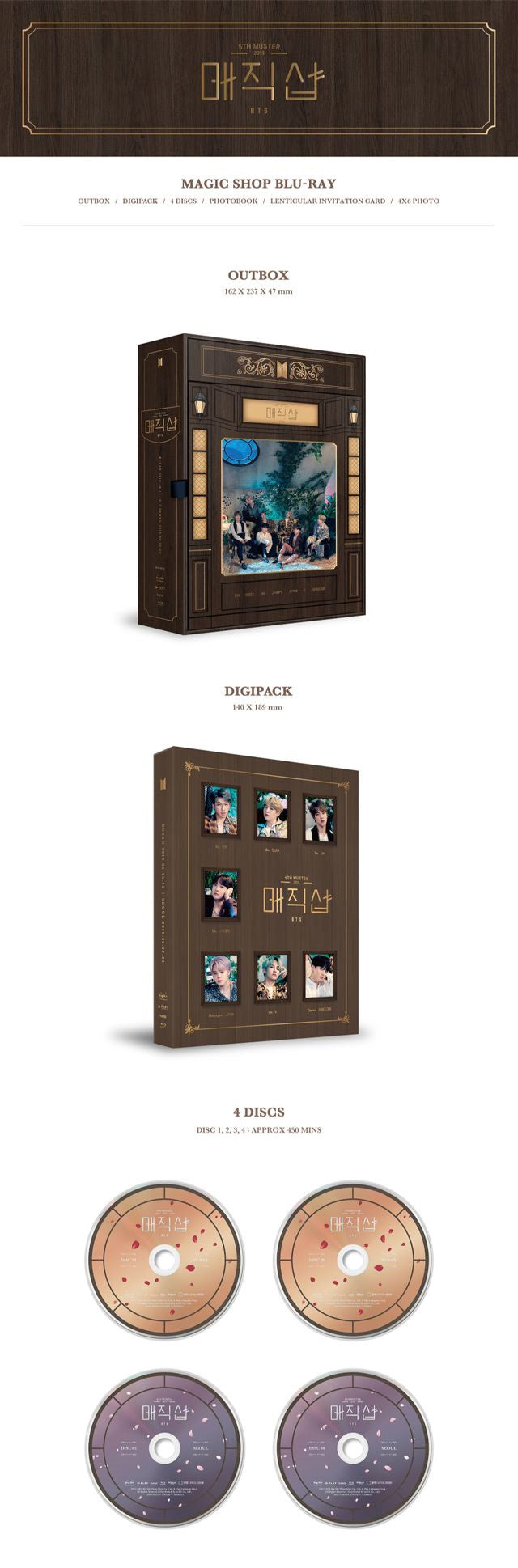 BTS - [Magic Shop] 2019 5th Muster Blu-Ray 4 Discs+32p PhotoBook+1p  Lenticular Invitation Card+1p 4x6 Photo+Message PhotoCard SET+Tracking Kpop  Sealed