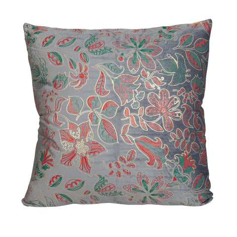 cojpin suave gris con detalles en color rosa y verde con acabados brillantes y patrón floral