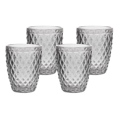 set de cuatro vasos de cristal blanco con patrón de rombos y textura 