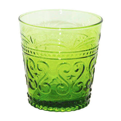 vaso artesanal de vidrio soplado color verde con texturas irregulares 