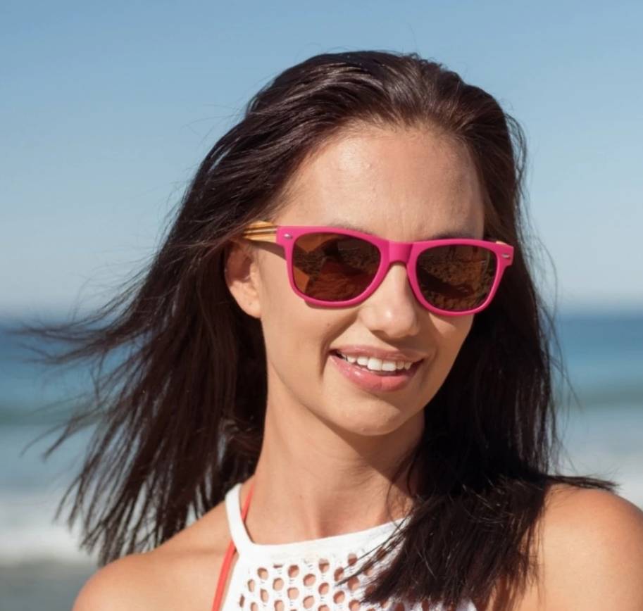 AVALON -Magenta Pink Sustainable Sunglasses with Mustard Wooden Striped Arms - Soek Sunglasses