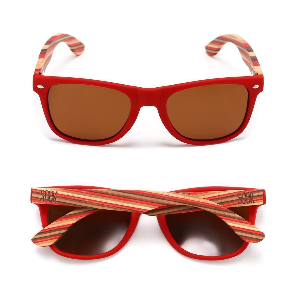 Buy Online Fashion Sustainable COTTESLOE - Red Sustainable Polarised Sunglasses with Wooden Striped Arms - Adults with Exceptional Comfort - Soek