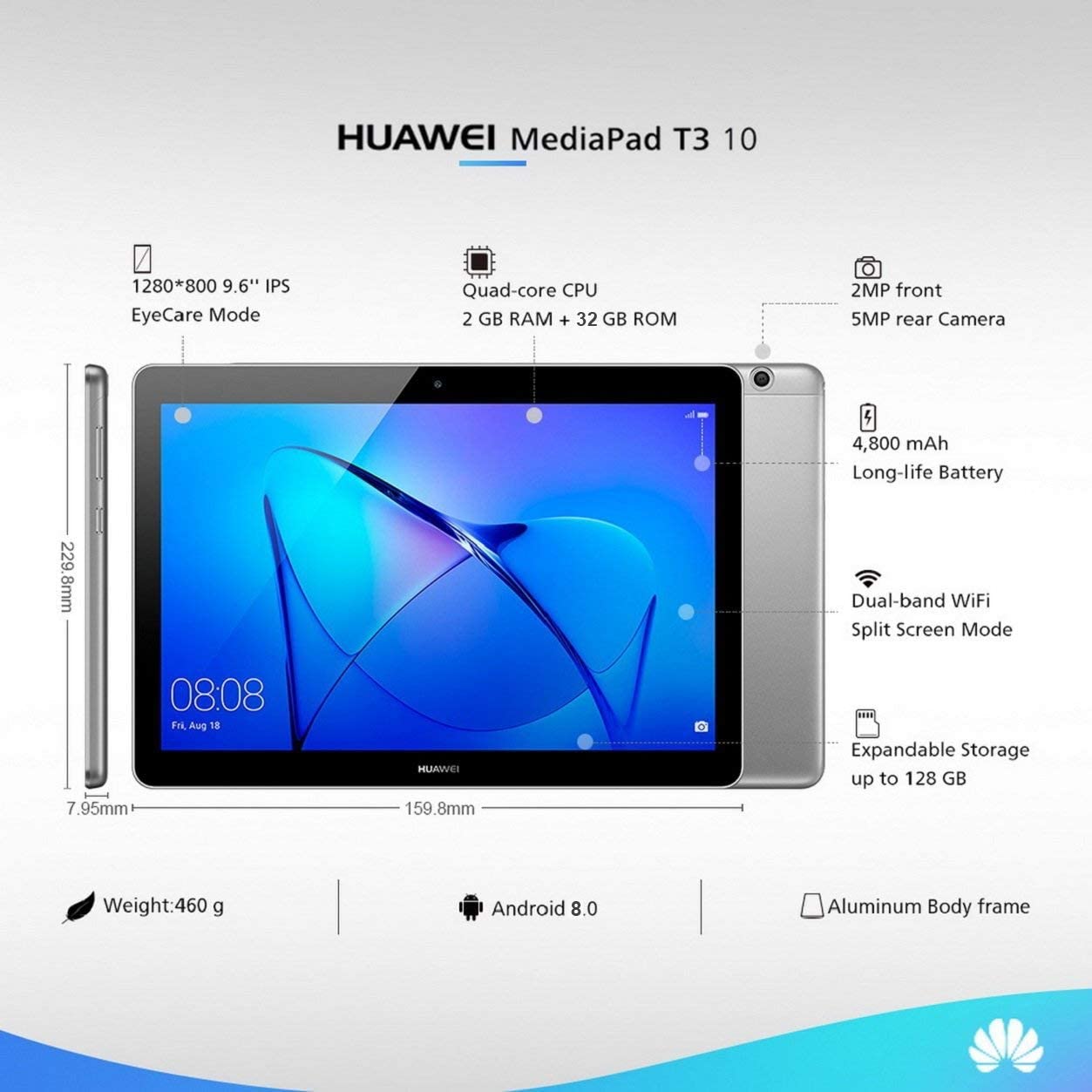 Huawei MediaPad T3 10 Wi-Fi Tablet, 2GB RAM, 16GB, AGS-W09. Space Grey