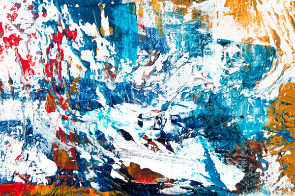 A blue white red and yellow abstract painting