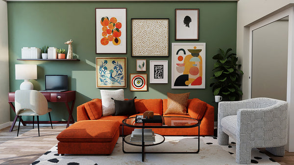 A photo of an orange sofa with throw pillows