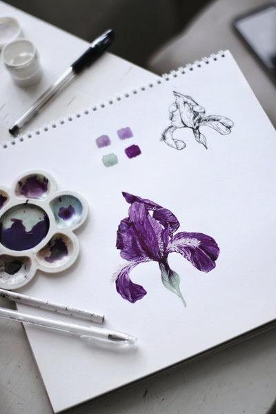 A purple petaled painting on a white booklet with biros and a paint cup and a palette