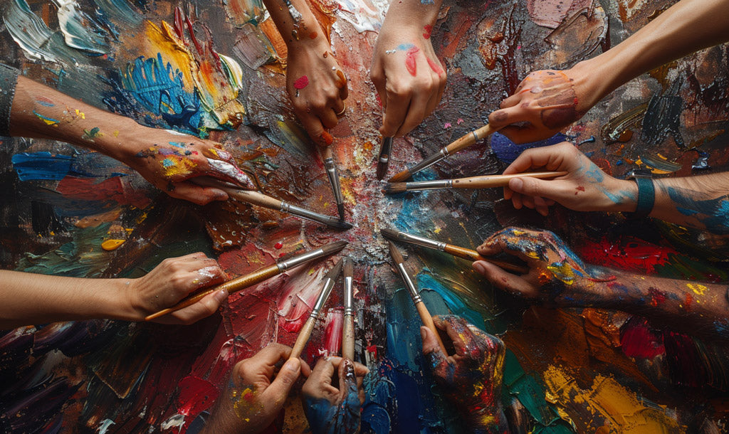 Diverse hands coming together, each holding a paintbrush, symbolizing the inclusivity of paint by numbers.