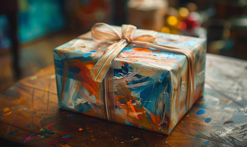 A beautifully wrapped paint by numbers kit, ready to be gifted to a loved one.