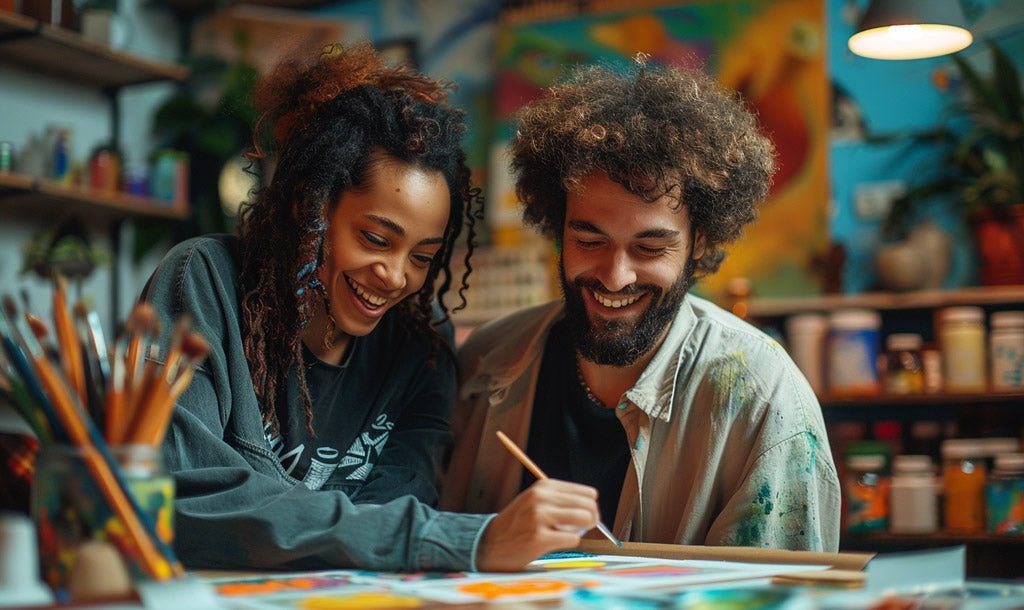 Two people sharing a moment of joy as they work on a paint by numbers project together, highlighting the gift’s ability to bring people closer.