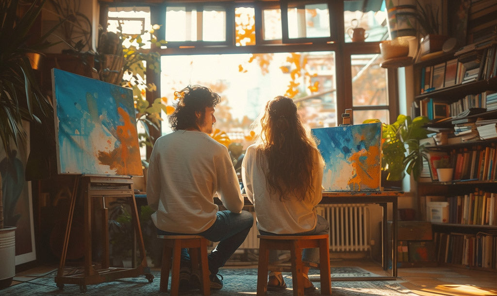 A couple enjoying a quiet painting session together, immersed in creativity and companionship.