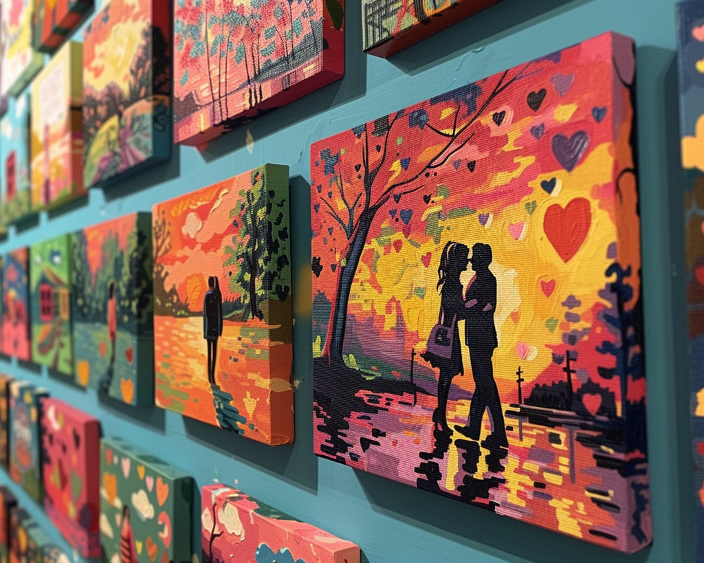 A gallery wall of paint-by-numbers canvases depicting various milestones and memories in a couple's relationship.