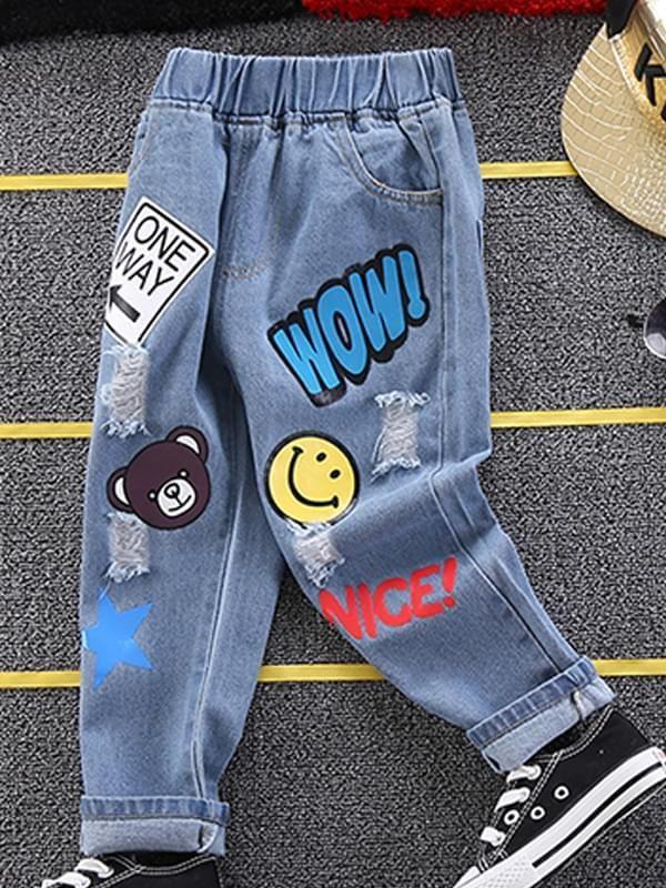 Cute Cartoon Style Bear Printed Jeans 