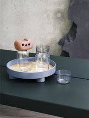 muuto tray in light blue with corky glassware 