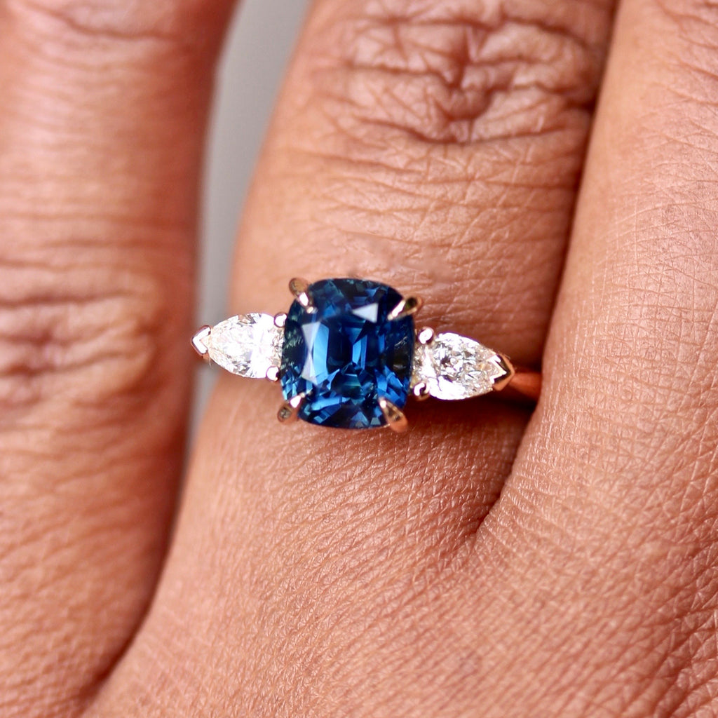 Modern French 14K Black Gold 3.0 Ct Royal Emerald Cut Blue Sapphire Diamond  Single Halo Engagement Ring R288-14KBGDBS | Black Gold Ring