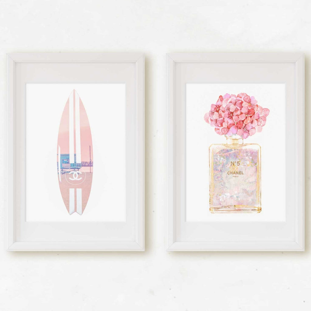 Beach Themed Chanel Perfume Bottle & Surfboard Set of 2 Prints, LA