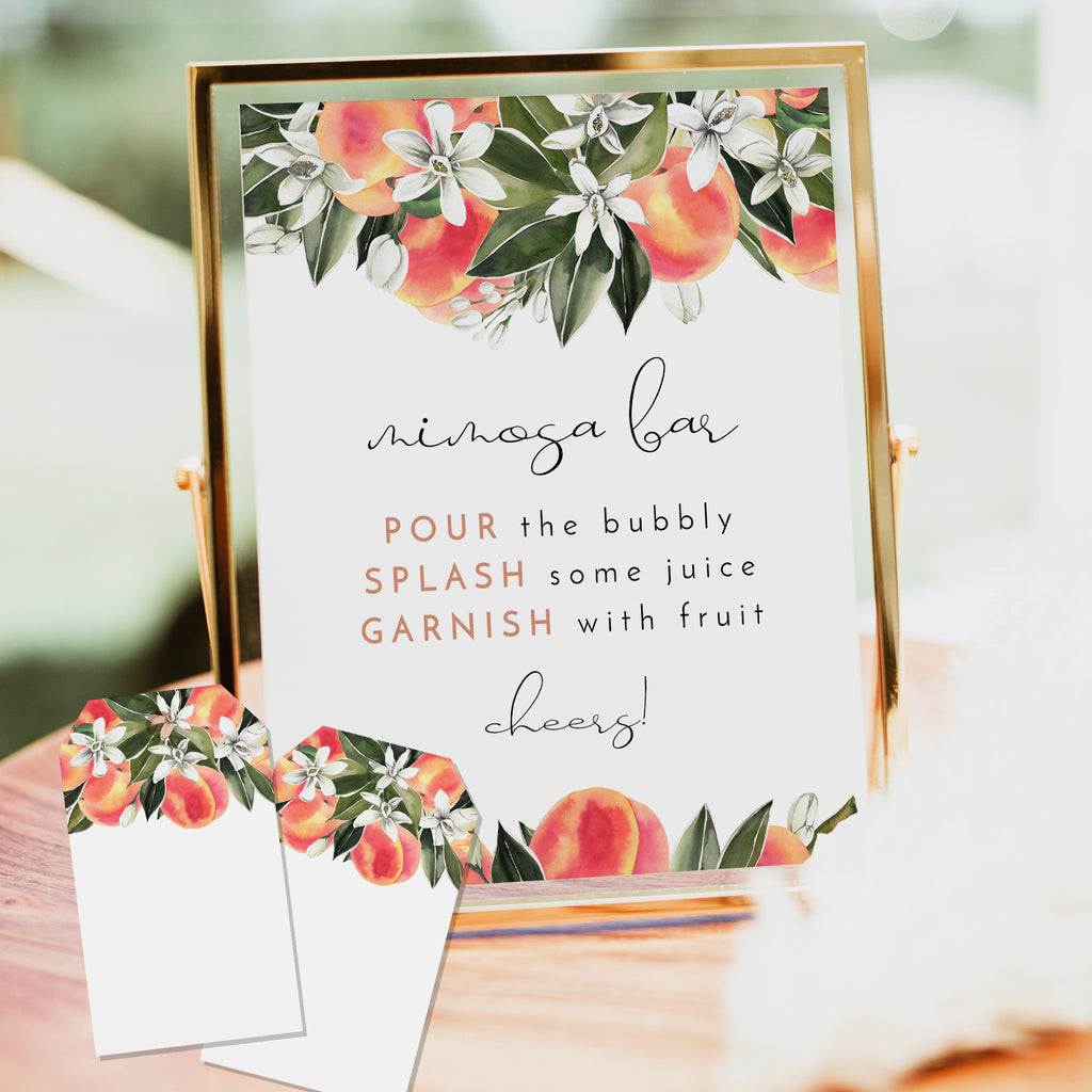 watercolor peach mimosa bar sgn with easy write-in juice tags from Unmeasured Events. Perfect for a bridal shower, baby shower, engagement party, and more.