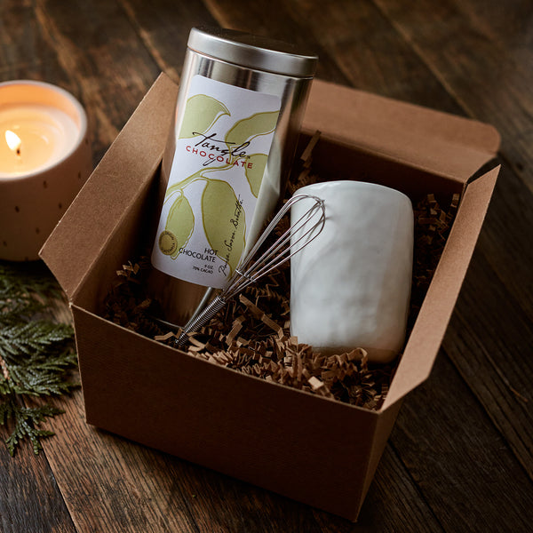 Gift box with  tin of Tangle Hot Chocolate, handmade ceramic white mug, little whisk
