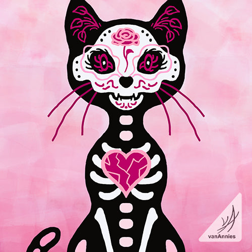 Gato Rosado Dia De Los Muertos Pink Cat Wrapped Canvas Print Chaos In Color