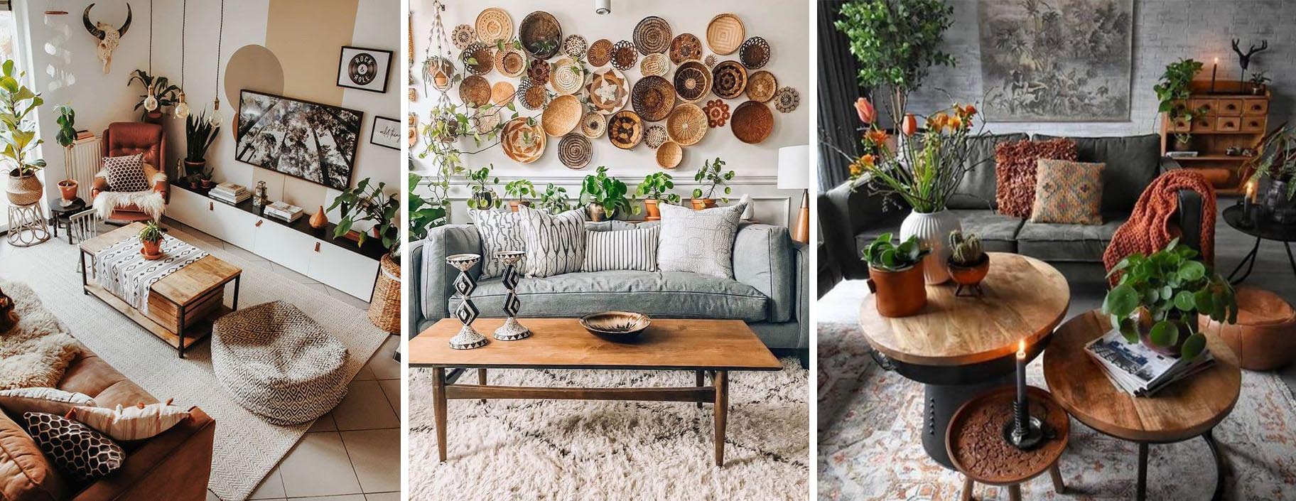 A Bohemian coffee table near the sofa