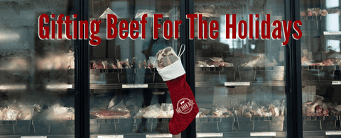 Christmas stocking with beef in it with text above it 'gifting beef for the holidays.'