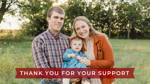 Family photo of man, woman, and baby with text that says 'thank you for your support'