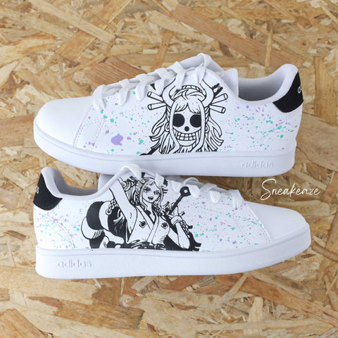 Baskets Adidas stan smith custom personnalisation sur-mesure Yamato feat One piece célèbre pirate chasseur de trésor - manga japan personnalisation pour homme et femme