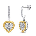 10KT TWO-TONE GOLD ROUND DIAMOND ROPE HEART DANGLE EARRINGS 1/8 CTW