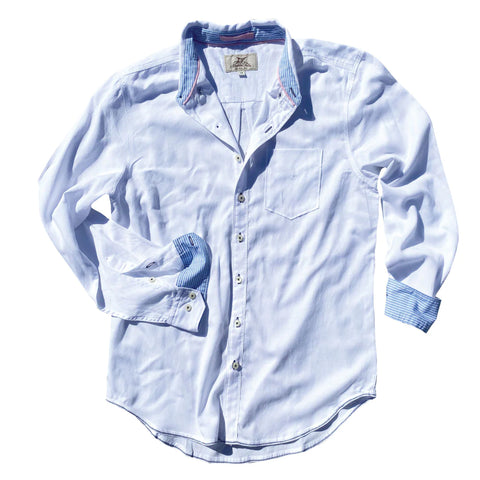 A long sleeve mens shirt in white with blue and white strip fabric on cuffs