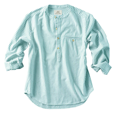 A lonf sleeve collarless mens shirt in lightweight fabric with turquoise green and white stripes