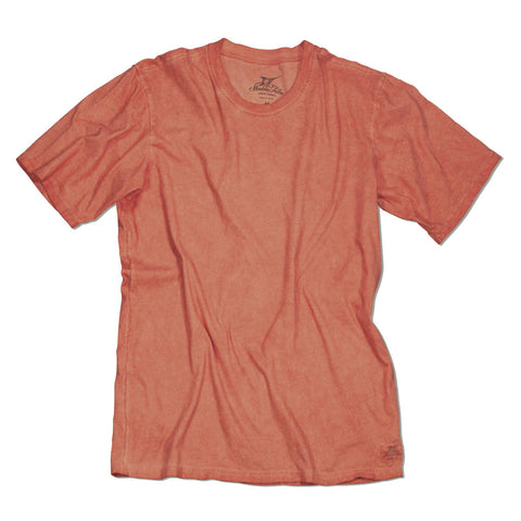 Mens tee shirt with a vintage wash in a coral color called Canyon Red