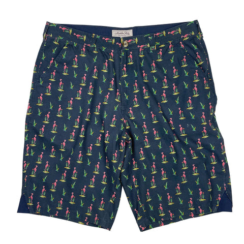 Pair of navy mens shorts with a flamingo pattern