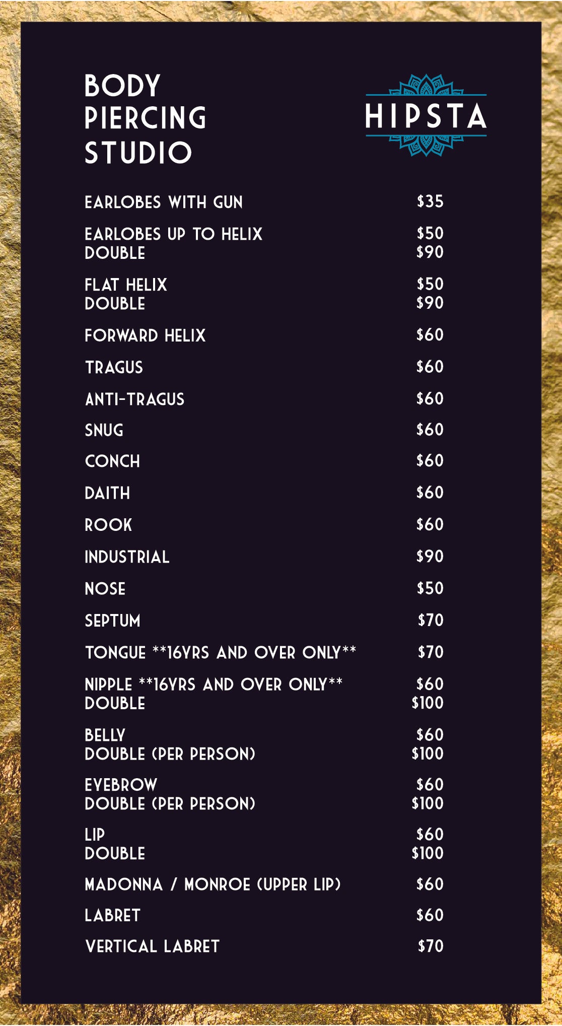 Pricing chart for piercings
