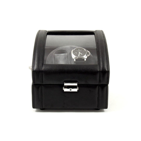 Black Leather 2 Watch Winder With Glass Top and Locking Clasp. Includes 2 Sizes of Watch Pillows for Large and Small Wrist Sizes. Selectable Single or Dual Direction Rotation. Rotates over 4300 Times a Day. Works on Both AC or DC Power.