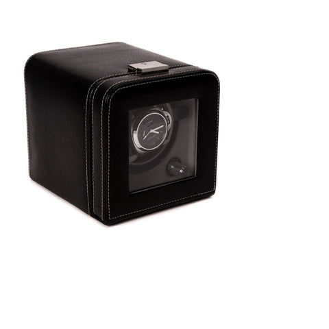 Black Leather Single Watch Winder With See-thru Glass Door and Locking Clasp