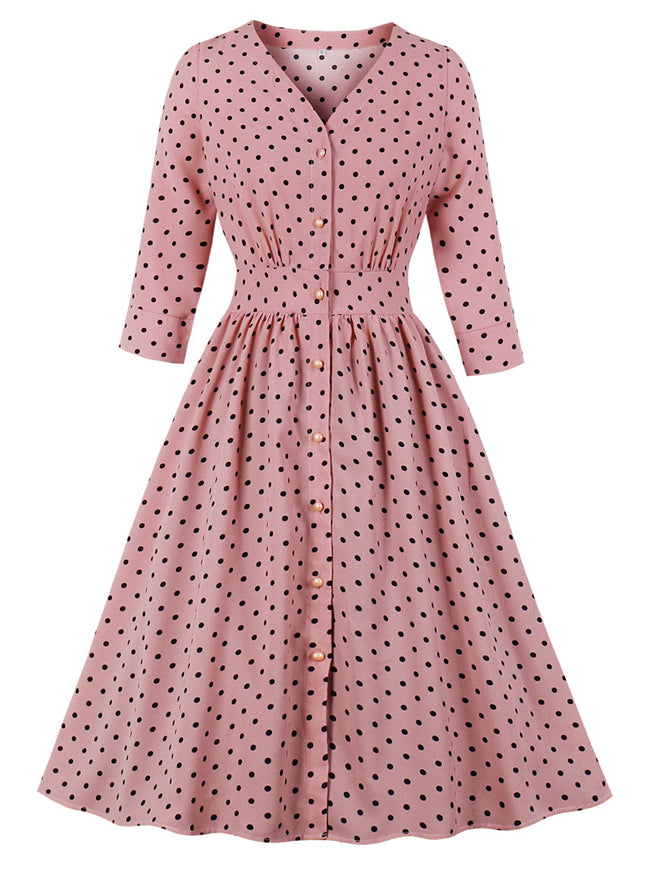 Women's 1950s Vintage Polka Dots V Neck 3/4 Sleeve Swing Tea Dress – killreal  fashion