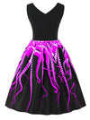 Black Flared Cocktail Skater Sleeveless Colorblock Cocktail Vintage Octopus Pattern Black Halloween Party Dress Front View