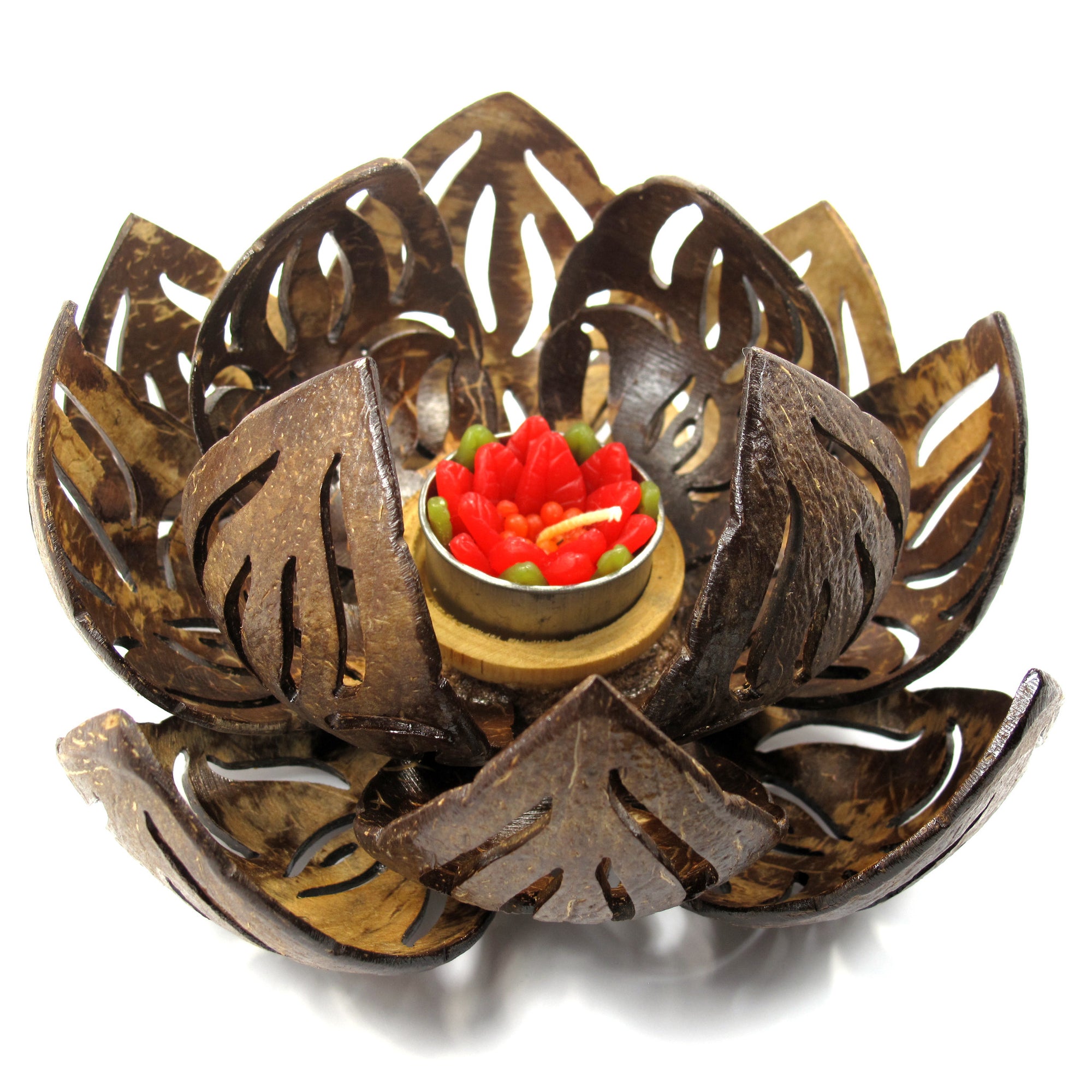 Coconut Shell Tealight Candle Holder, Large, Lotus Flower