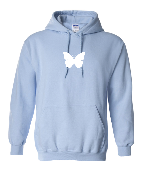 white hoodie with blue butterfly