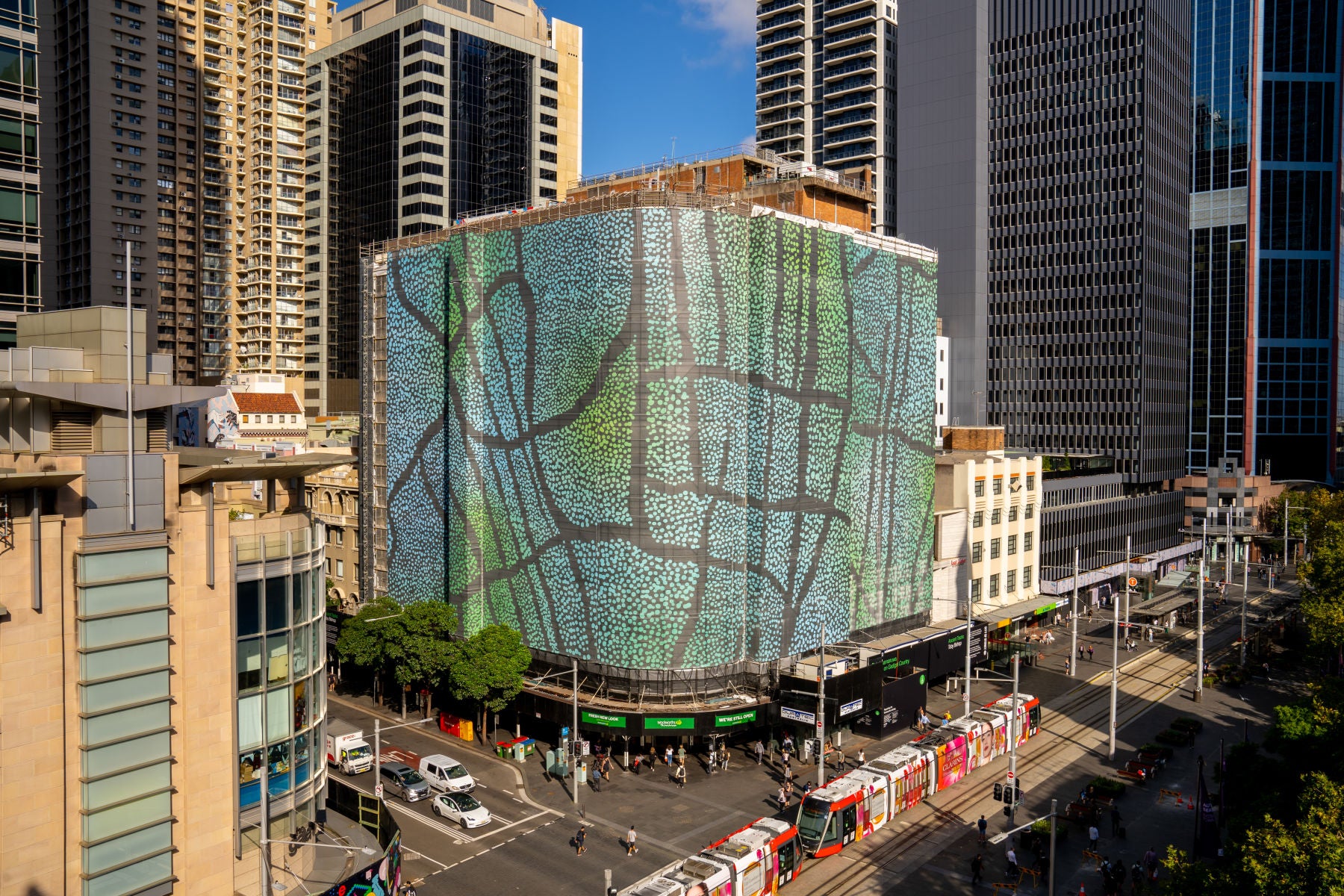 Woolworths building in Sydney city centre with artwork by Toby Bishop.