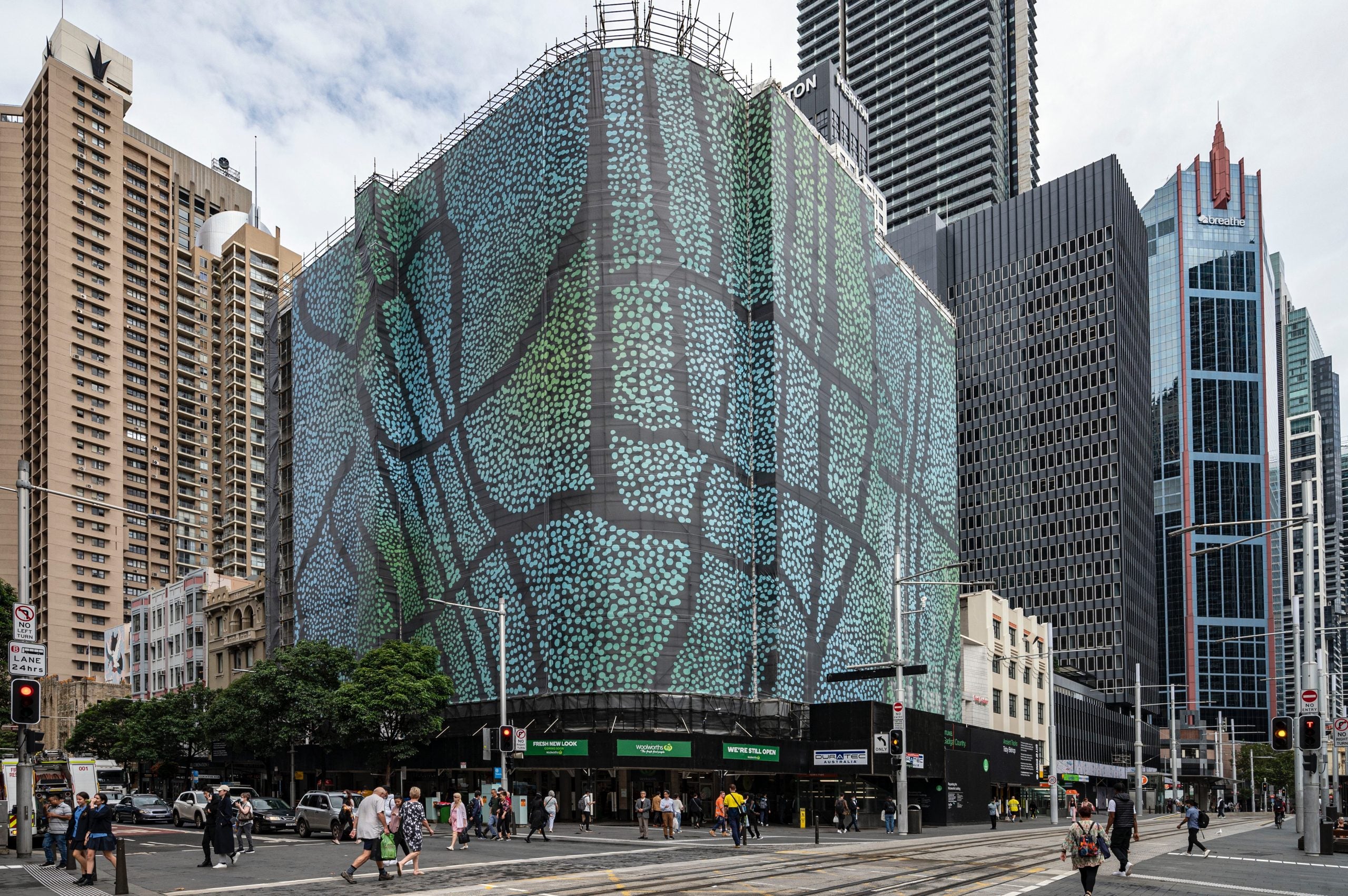 Close up of Woolworths building in Sydney city centre with artwork by Toby Bishop.