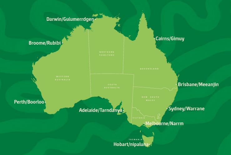 Dual-naming map of Australia with Indigenous place names alongside their English place names. 