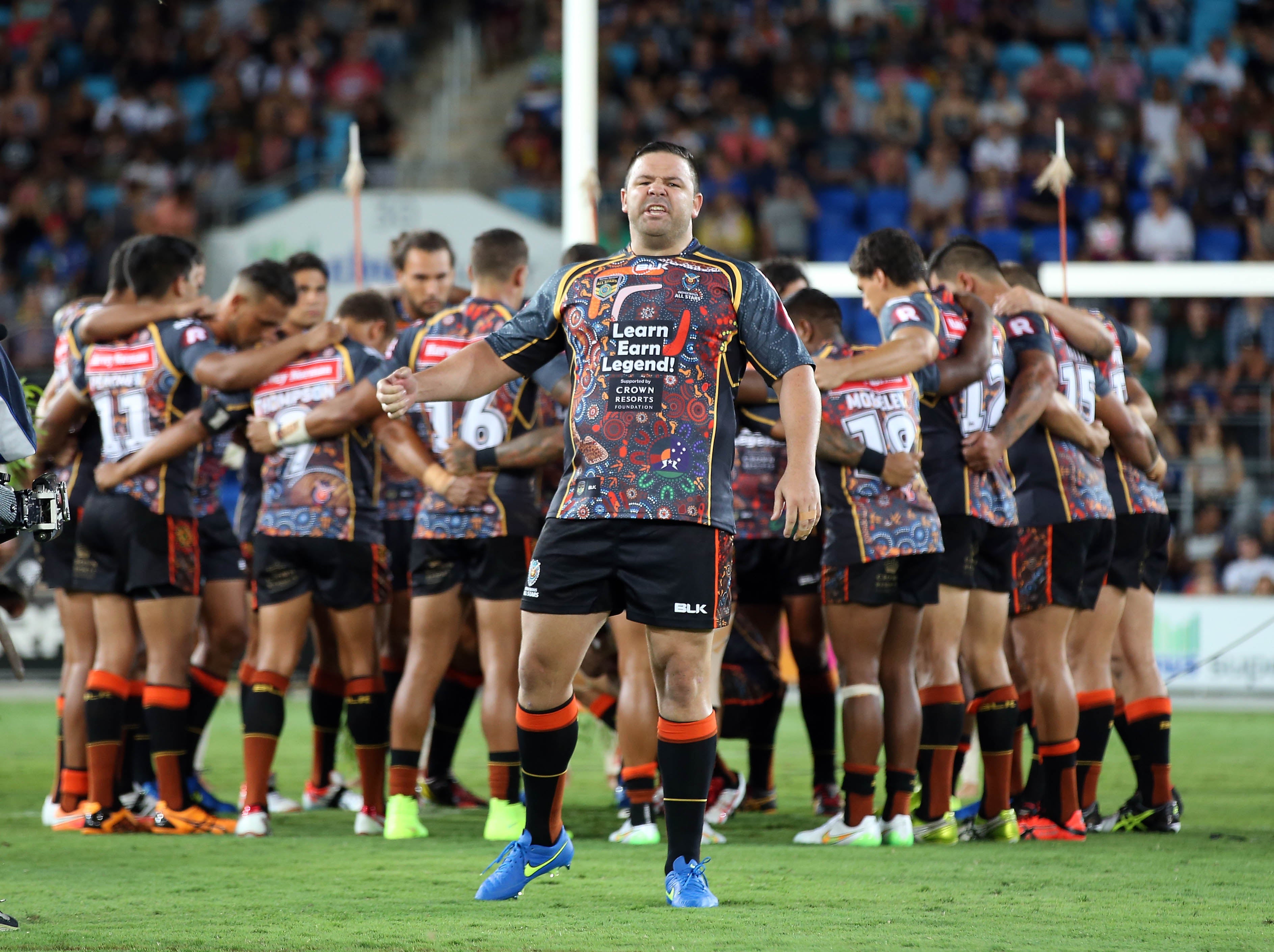 George Rose performing acknowledgements in his traditional language at the NRL Indigenous All Stars 2015 pregame ceremony.