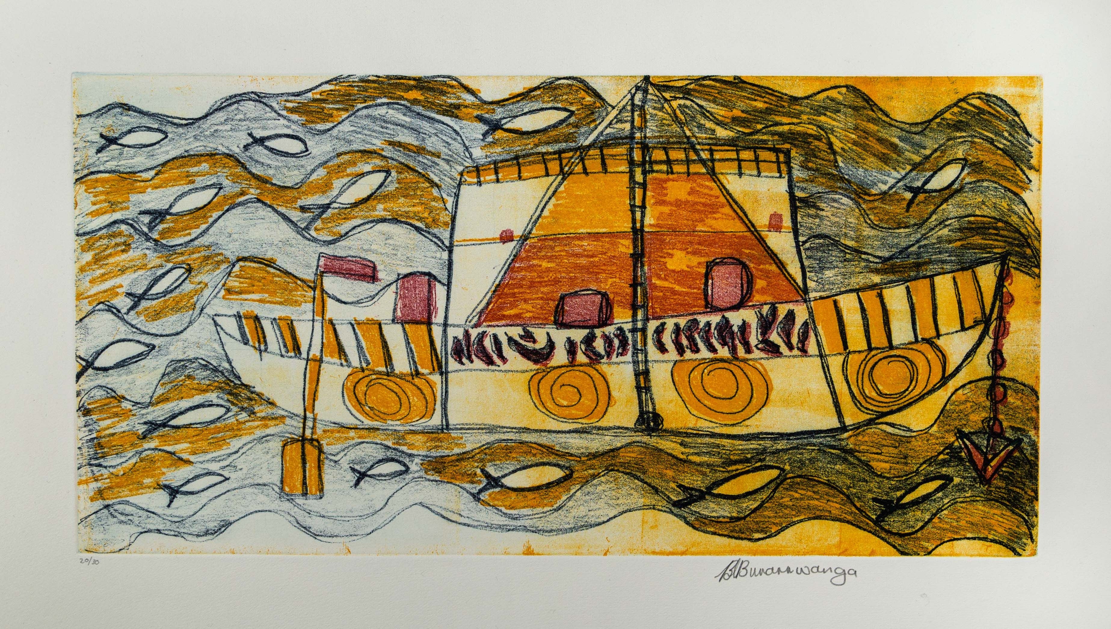 Laklak 2 (Ŋuliny) Ganambarr, ‘Macassan Boat,’ 2008, etching, printing ink on Hannemulle paper, Berndt Museum Collection [2008/0077].
