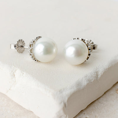 White Gold Filagree Pearl Studs